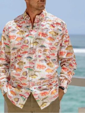 Yiume Men's Hawaiian Shirt Sea Ocean Fish Print Cotton Long Sleeve XL Shirt Fun